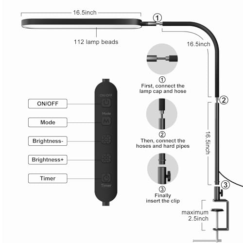Image of SKYLEO Led Desk Lamp - Desk Light for 33.5 inch Tall - Flexible Gooseneck - 5 Color Modes X 11 Brightness Levels - 1300LM - Timmer & Memory Function - 12W Clip on Light - Black