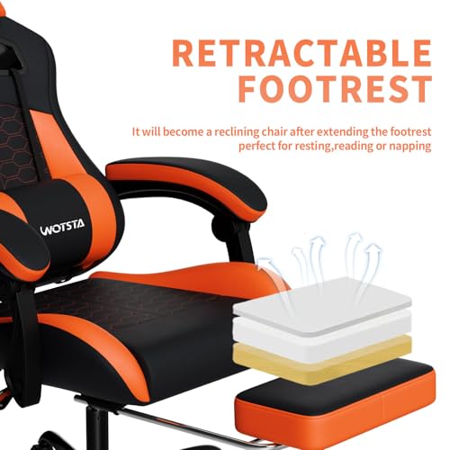 Image of Gaming Chair with Massage,Ergonomic PC Gaming Chair with Footrest Comfortable Headrest and Lumbar Support,High Back Game Chair PVC Leather,300LBS (Black&Orange)