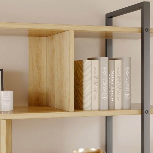 5 Tier Tall Bookshelf with Open Display Shelves, 71 Inch Rattan Classical Book Shelf with Storage, 5 Open Storage Bookcase with Metal Frame for Living Room, Bedroom and Home Office