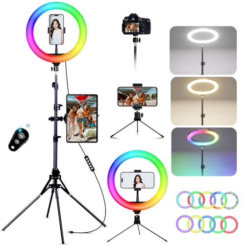 KOSCHEAL Anneau lumineux LED de 30,5 cm avec trépied et support de téléphone de 177,8 cm de haut, anneau lumineux avec télécommande, intensité variable, blanc/RVB, lumière circulaire pour selfie