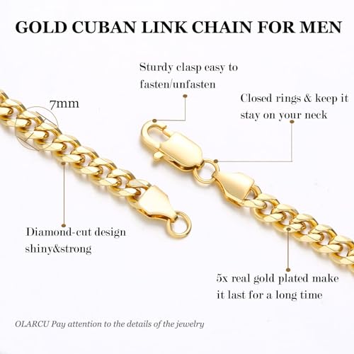 5mm/7mm Real Gold Plated Cuban Link Chain for Men, Mens Stainless Steel Gold Chain Necklace Jewelry for Men3