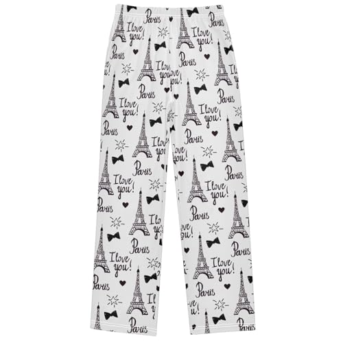Boy's Pants Black Ink Love Paris Eiffel Tower Jogger Pants Elastic Waist Long Bottoms Trousers with Pockets 6-14