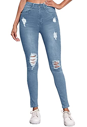 Women's Ripped Mid Waisted Stretch Jeans Distressed Skinny Denim Pants