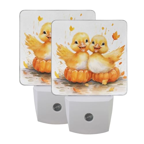 Image of Cute Ducks Pumpkins Night Lights 2 Pack Plug-in Wall Led Nightlight Auto Dusk-to-Dawn Sensor Lamps for Bedroom Kitchen Bathroom