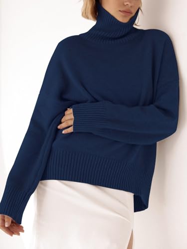 Image of YKR Women's Turtleneck Sweater Chunky Long Sleeve Knitted Pullover High Low Hem Sweater Jumper Top Navy XXL