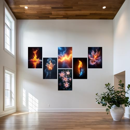 Image of SiddArtify Abstract Fire and Ice Wall Art Poster Print Set - Modern Home Decor for Living Room Office Bedroom - 12x18 inch Sticker Pack of 6