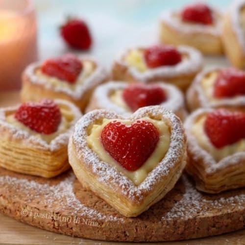 CUORI DI PASTA SFOGLIA CON CREMA E FRAGOLE