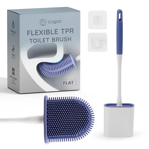 CUQOO Silicone Toilet Brush and Holder Set – Flat Flexible Loo Brush with Ventilated Holder, Non-Scratch TPR Bristles for Modern Bathroom Cleaning