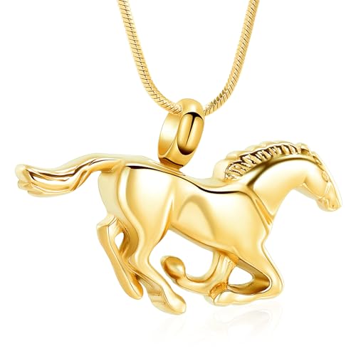 Minicremation Running Horse Shape Urn Pendant Cremation Ashes Jewelry Urn Necklace for Ashes Stainless Steel Funeral Keepsake Necklace(Gold)