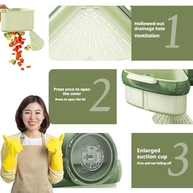 Wideous Suction Cup Sink Corner Rack, Curetoaway Sponge Holder for Kitchen Sink, Sponge Holder for Kitchen Sink with Fine Mesh Drain Hol, Triangular Sinks Basket Shelf Automatic Dumping (Green+Yellow)