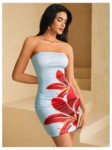 Image of WDIRARA Women's Floral Print Mini Tube Dress Summer Strapless Sleeveless Bodycon Dresses