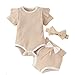 Baby Einfarbig Grubenstreifen Strampler Tasche Furz Kleidung + Elastische Taille RüSchen Shorts + Schleife Haarband Set Neugeborene 1. Jahrestag Foto Niedliche Babykleidung,Beige,80