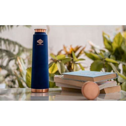 Image of INDIAN ART VILLA Pure Copper Navy Blue Pyramid Ombre Silk Finish Bottle - 800 ML, Ayurvedic Health Benefits, Ideal for Home, Office, Gym & Travel