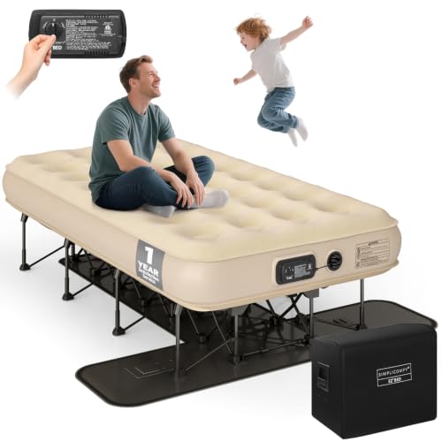 Image of Simpli Comfy EZ Bed Twin Self-Inflating Air Mattress with Built-in Frame, Pump and Wheeled Case, Blow Up Inflatable Air Bed Perfect for Home, Guests, Travel, Vacation, Camping
