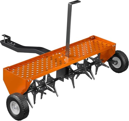 48-Inch Tow Behind Plug Aerator,Pull Behind Aerator with Durable Steel Tines Lawn & Tray and Pneumatic Tires Tow Behind Spike Aerator for Lawn, Farm,Planting,Orange