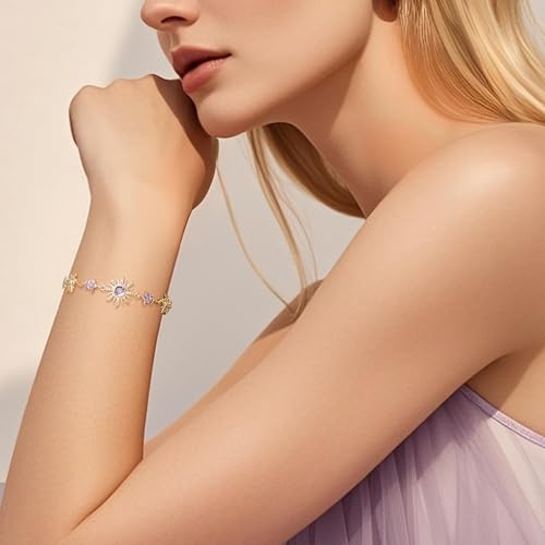 Gold Silver Sun Colorful Birth Stone Flower Link Bracelet for Woman, Adjustable CZ Rhinestone Star Box Chain Bracelets Prom Jewelry Accessories Gift2