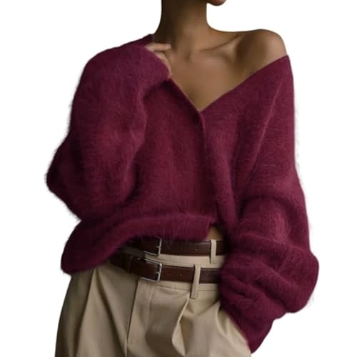 Image of Womens Fuzzy Sweaters Cardigan V-Neck Button Down Oversized Mohair Sweater Casual Y2k 2026 Fall Winter