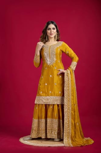 Image of Women's Heavy Embroiderd Work Purple Color Weding Wear Straight Kurta Sharara Set for Women with Dupatta