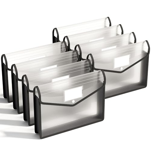 ABC life 8 Pack Plastic Expanding File Folder, Folders for Documents with Snap Closure, Black File Folder Organizer Holder, Transparent Accordion File Pouch,Large Capacity, Fit Letter/A4 Size - Black