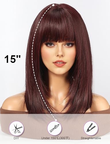 WOKESTAR Staright Wig with Fringe Synthetic Mid-length Layered Wigs for Women Wine Red Color, 22 tum - Image 3