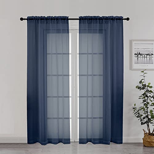 Image of Chyhomenyc Sheer Curtains 72 Inch Length Set of 2, Rod Pocket Voile Drapes for Living Room, Bedroom, Window Treatments Semi Sheer Curtain Panels for Yard, Patio, Villa, Parlor, 42Wx 72L, Navy Blue