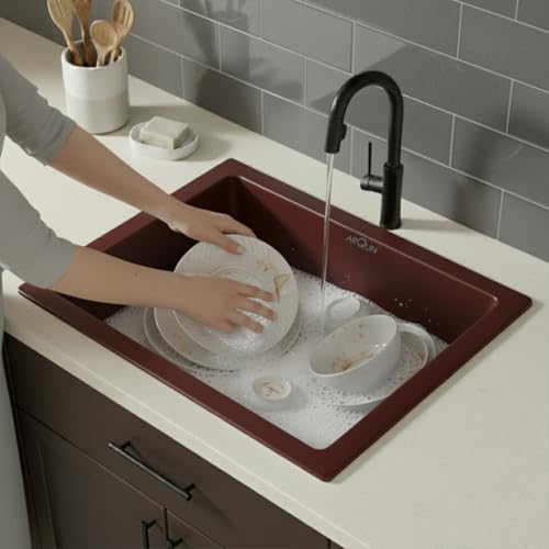 Image of ARQUIN Quartz Sink for kitchen 21x18x9 Inch Brown | Single Bowl Sink | Durable & Scratch-Resistant | Undermount /Topmount Including Coupling, Waste Pipe & Fruit Washing Basket
