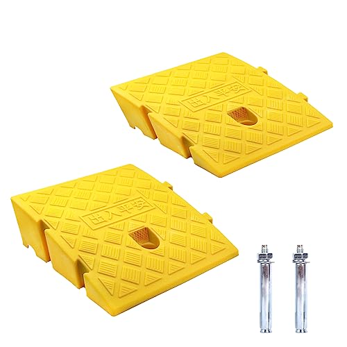 JAHOMFAI Bordsteinrampen, Aus Robustem Kunststoff, 2 Stück Tragbar Rampe Rollstuhl Türschwellenrampe für Auffahrt, Gehweg, Motorrad, Roller, Autos, mit 2 Erweiterungsbolzen(Gelb 27 x 25 x 7cm)