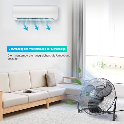 EXTRASTAR Bodenventilator 50W Industriedesign, 47,5cm Windmaschine mit 4 Geschwindigkeiten, 3 Alu-Flügeln, 120° Neigungsverstellung Turmventilator für Zuhause, Fitnessstudio, Büro, Schlafzimmer