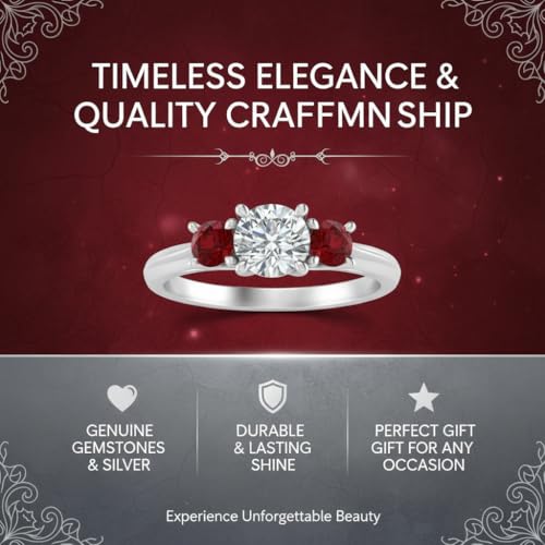 Image of Choose Your Gemstone Classic Three Stone Ring 925 Sterling Silver Round Shape 3 Stone Engagement Rings Everyday Jewelry Wedding Jewelry Handmade Gifts for Wife US Size 4 to 12