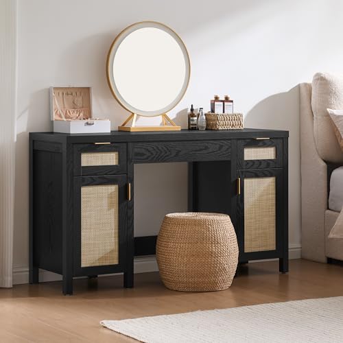 Image of SICOTAS 52 Inch Vanity Table Rattan Vanity Home Office Desk with 3 Drawers | 2 Pieces Farmhouse Boho Makeup Vanity Dressing Table with Large Storage, Vanities Desk for Makeup Room, Bedroom, Office