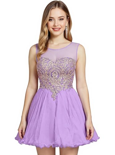 MisShow Junior's Short Prom Gown Summer Party Dress Gold Lace Applique Cocktail Homecoming Dress for Teens Lavener L