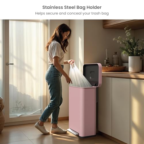 Image of Home Zone Living 18.5 Gallon Large Stainless Steel Trash Can with Slow Closing Lid and Wide Opening, Virtuoso Collection, Pink