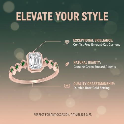 Image of Choose Your Gemstone Bezel Set Emerald Accented Diamond CZ Ring Rose Gold Plated Emerald Shape Side Stone Engagement Rings for Women, Girls and Ladies US Size 4 to 12