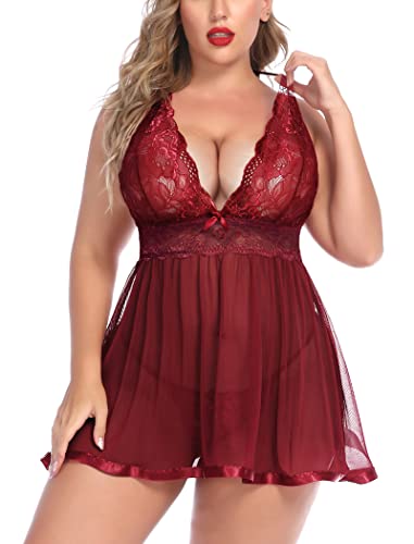 Avidlove Plus Size Lace Babydoll Lingerie For Women Sexy Nighty Mesh Deep V Sleepdress(Cardinal Red,2X-Large)