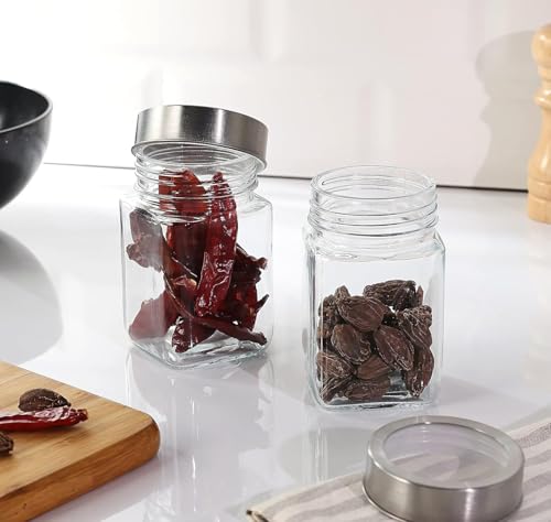Image of CROCO JAR Cube Storage Containers | Set of 6 | Glass Jar with Air Tight Steel Lid, 300 ml each, Transparent Jars for Snacks, Pulses, Masala, Pickles, Cereals, Cookies, Dry Food
