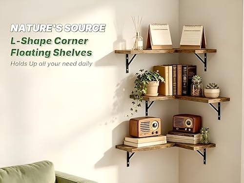 Image of OXMIC Corner Wall Floating Shelves, Book Shelf for wall, Corner Shelf for Living Room Decor, Natural Wood MDF, Rustic Brown, Set of 3, with Metal Brackets