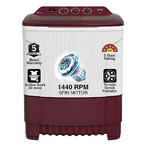 Godrej 8 Kg 5 Star Wash Upto 8 King Size Bedsheets Semi-Automatic Top Load Washing Machine with Rust-proof Poly Propelene Body(WSEDGE CLS 80 5.0 PN2 M WNRD, Wine Red)
