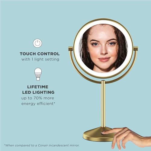 Conair Lighted Makeup Mirror, LED Vanity Mirror, 1X/10X Magnifying Mirror, Double Sided, Battery Operated in Brushed Brass
