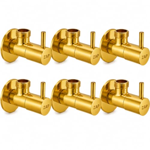 Image of ZAP Bathroom Angle Valve Pack of 6 | 100% Brass Angle Cock with Wall Flange | Gold Finish Stop Valve for Basin Tap, Geyser, Health Faucet & Jet Spray | Rust & Corrosion Resistant