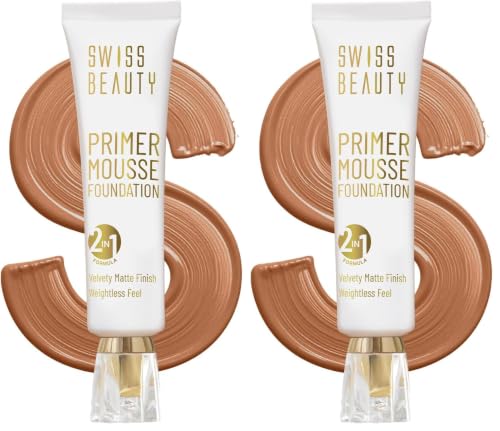 Image of Swiss Beauty Primer Mousse Foundation Weightless Smooth & Velvet Touch, Matte Finish, Face Makeup, Light Almond, 30ml (Pack of 2)