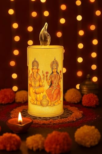 Image of Ganesha LaxmiJi Set of 2 LED Tea Light Candles | Decorative Acrylic Candle | Home Decor, Navratri Decor Items, Diwali Decoration Item, Room, Table, Pooja Room Decor (Yellow) | Popo Toys