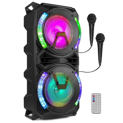 Fenton LIVE280 – Altavoz Bluetooth con microfono 900W con Doble woofer 8', batería, USB, MicroSD, Bluetooth 5.0, LED, 2 micrófonos Karaoke, Altavoz Fiesta portátil Equipo de Sonido Profesional Negro