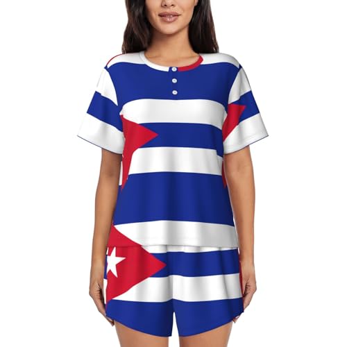 Pyjama deux pièces drapeau cubain femme avec haut col rond et short doux