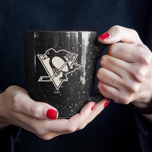Image of Rico Industries NHL Hockey Pittsburgh Penguins Black Personalized 16 oz Team Color Laser Engraved Speckled Ceramic Coffee Mug