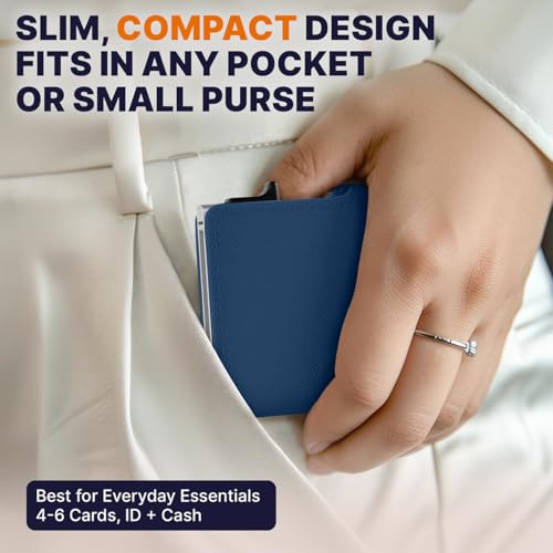 Image of Conceal Plus Pop Up Wallet for Women | RFID Blocking Slim Card Holder for Small Purse & Crossbody Bag | Compact Aluminum Wallet | Holds 4-6 Cards | Saffiano Navy Blue