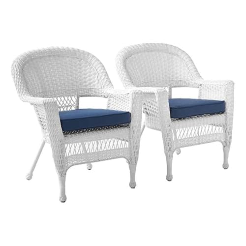 Pemberly Row Outdoor Wicker/Rattan Chair Set Resin Wicker White/Blue Finish Includes Cushions Steel Frame 36 H x 26 W x 29.5 D Weather-Resistant Stackable Design for Patio or Poolside Use