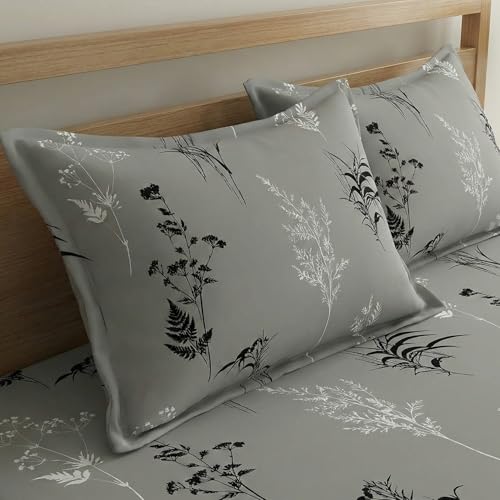 Image of Fashion String Microfibre Monochrome Wild Fern Corner Elastic Fitted Double Bedsheet (72x78 Inches) with 2 Pillow Covers