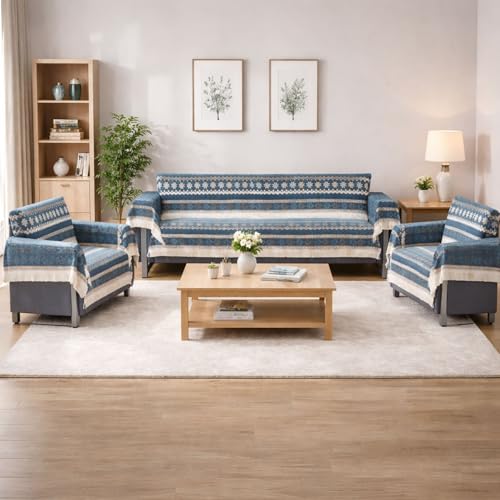 Image of Elegant Woven Turquoise Sofa Cover Soft Chenille Traditional Pattern with Lace Style | L-Shape Sectional Seat Protector for Living Room | Durable & Stylish Slipcover 5 Seater with Arms