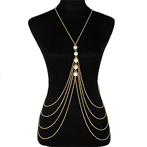 Body Chain Layered Sexy Gold Tassels, Pearl Necklace Fashion Jewelry Belly Waist Bra Hot Bikini Beach Harness Birthday Anniversary Festival Gift for Women Girls Lady A025