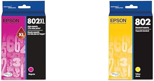 Epson T802 DURABrite Ultra - Tinta magenta de alta capacidad y T802 DURABrite Ultra - Tinta de capacidad estándar Amarillo - Cartucho (T802420-S)